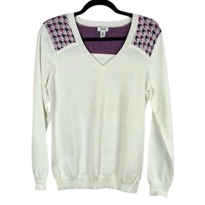 Izod Golf Cotton Houndstooth Long Sleeve Knit Sweater Medium White Purple